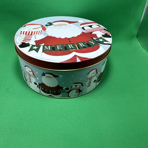 Cookie Tin Box Round Christmas Farm Fresh‎ Santa Claus Snowman Penguin Damaged - Picture 3 of 15
